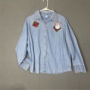 Embroidered Christmas denim button up shirt Size 1X Ugly sweater holiday Winter